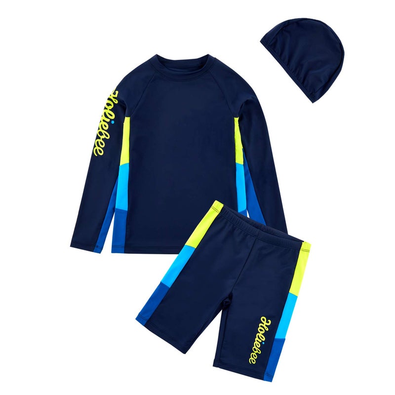 KID1234 Boys Swimsuits Rash Guard Bathing Suit Long Sleeve Swim Sets 2 Piece Swimsuits for Boys Size 5-14 Years Dark Blue - Image 1